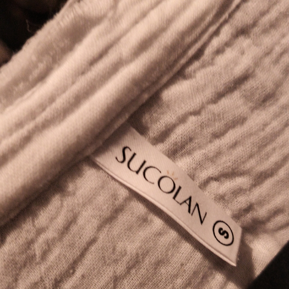 Sucolan White Textured Shirt Dress w Frayed Trim Size Small